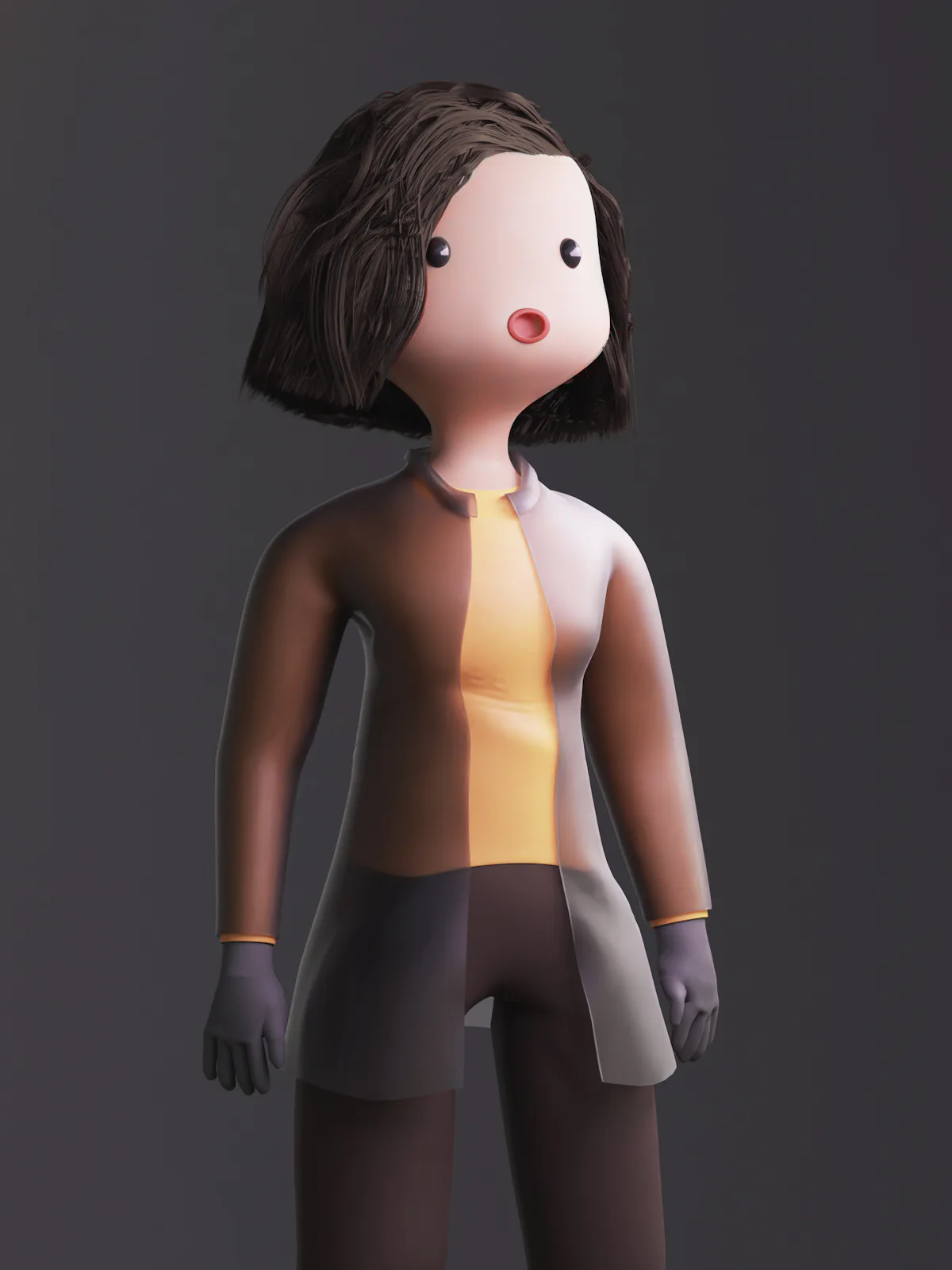 Stylized 3D character in a simple jacket under studio lighting