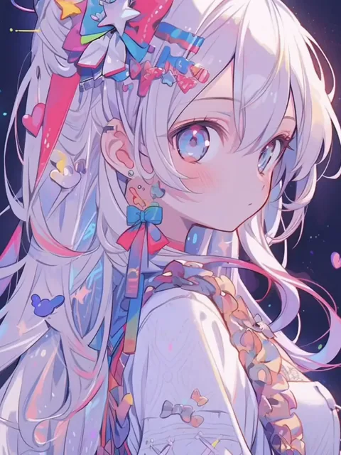 Anime portrait of a girl with silver hair and colorful hair clips