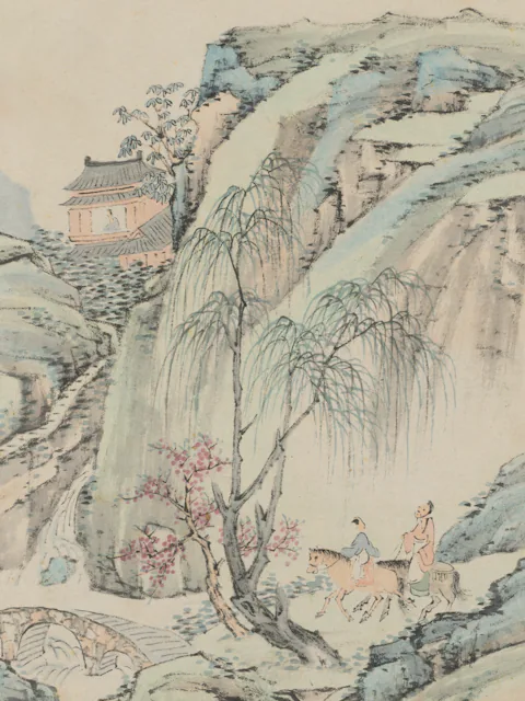 Chinese landscape painting of travelers passing willows below mountain pavilions