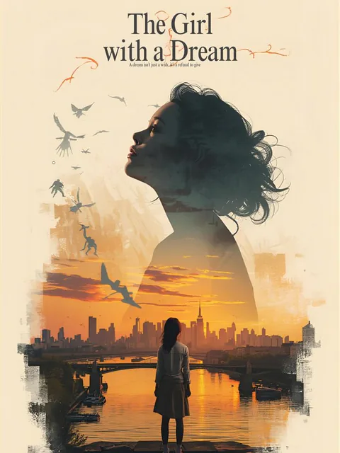 Poster of a girl silhouetted against a city skyline at sunset, titled The Girl with a Dream