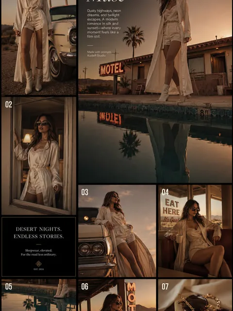 Storyboard of a woman at a desert motel at dusk